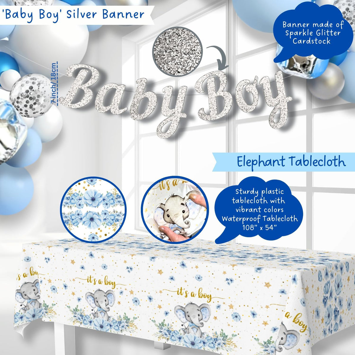 187 pc Premium Elephant Baby Shower Decorations for Boy