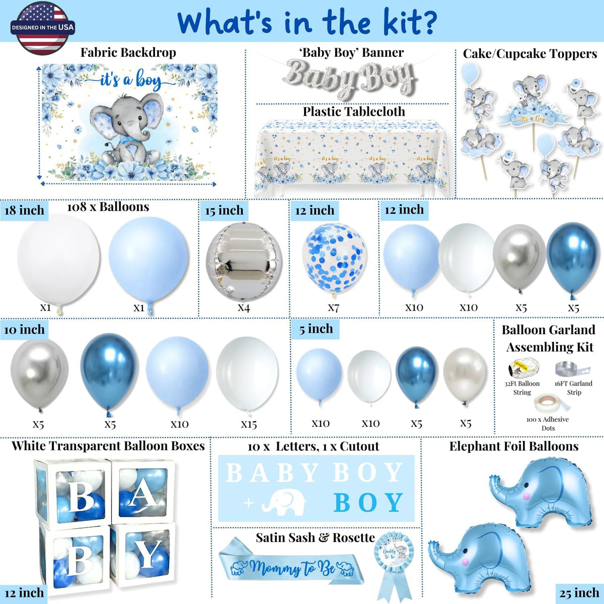 187 pc Premium Elephant Baby Shower Decorations for Boy