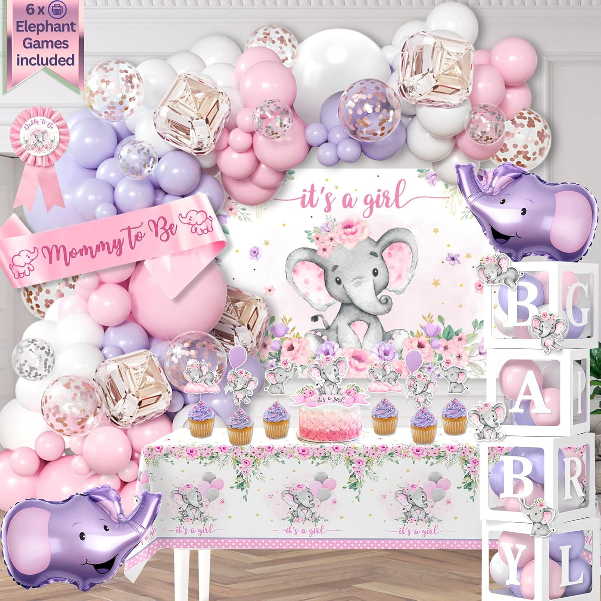 169 pc Premium Pink Elephant Baby Shower Decorations Girl