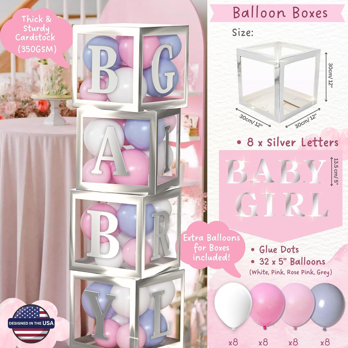 165 pc Baby Shower Decorations for Girl | Pink Elephant Theme.