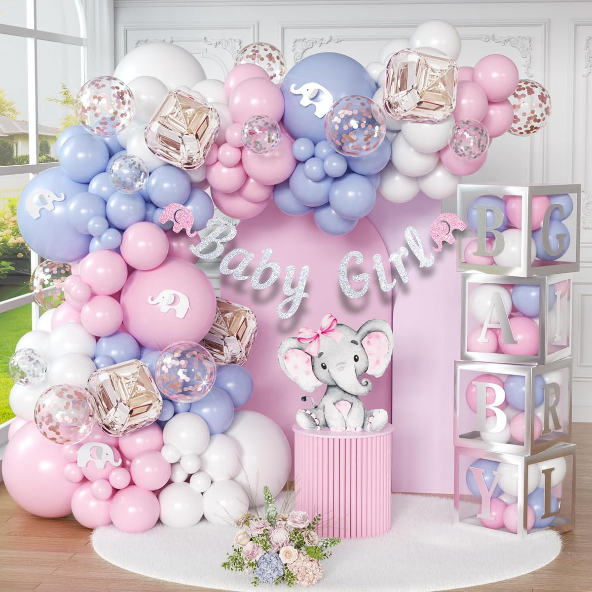 165 pc Baby Shower Decorations for Girl | Pink Elephant Theme.