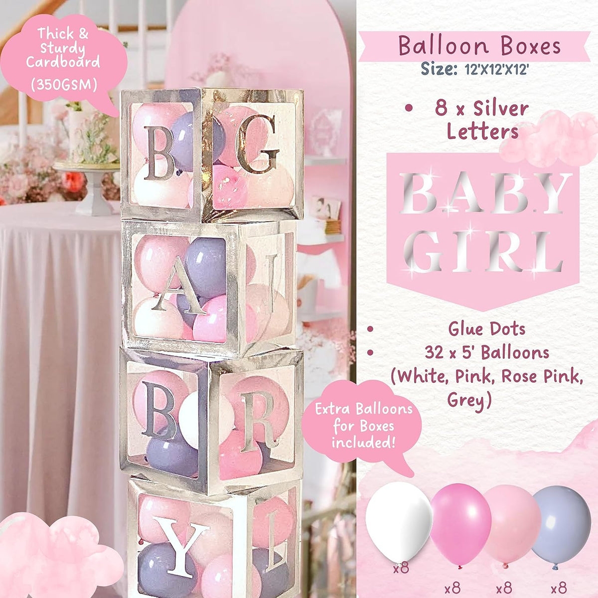 Elephant Baby Shower Decorations for Girl,Balloon Arch Garland Kit Pink and  Gray Backdrop Banner Balloon Boxes for It’s a Girl Baby Shower,Baby Girl
