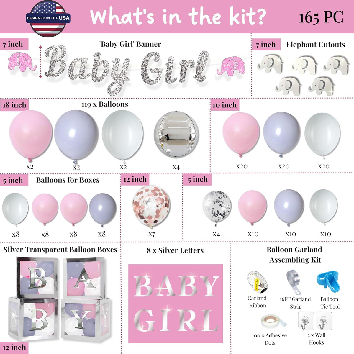 165 pc Baby Shower Decorations for Girl | Pink Elephant Theme.