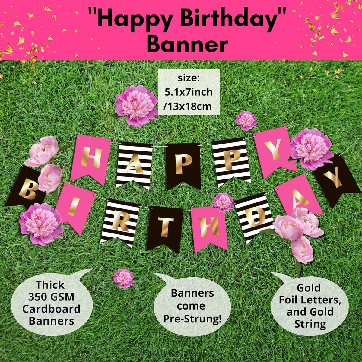 RainMeadow Premium Happy Birthday Decorations Party Set Kit for Women Girls Hot Pink Gold Black White Kate Spade Inspired Garland Bun